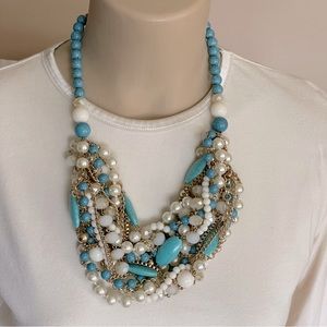Multi-strand Statement Necklace Faux Pearl Turquoise Howlite Gold-tone Beads
